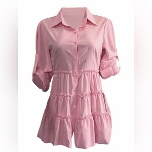 Long-Sleeve Button front Ruffle vintage Dress